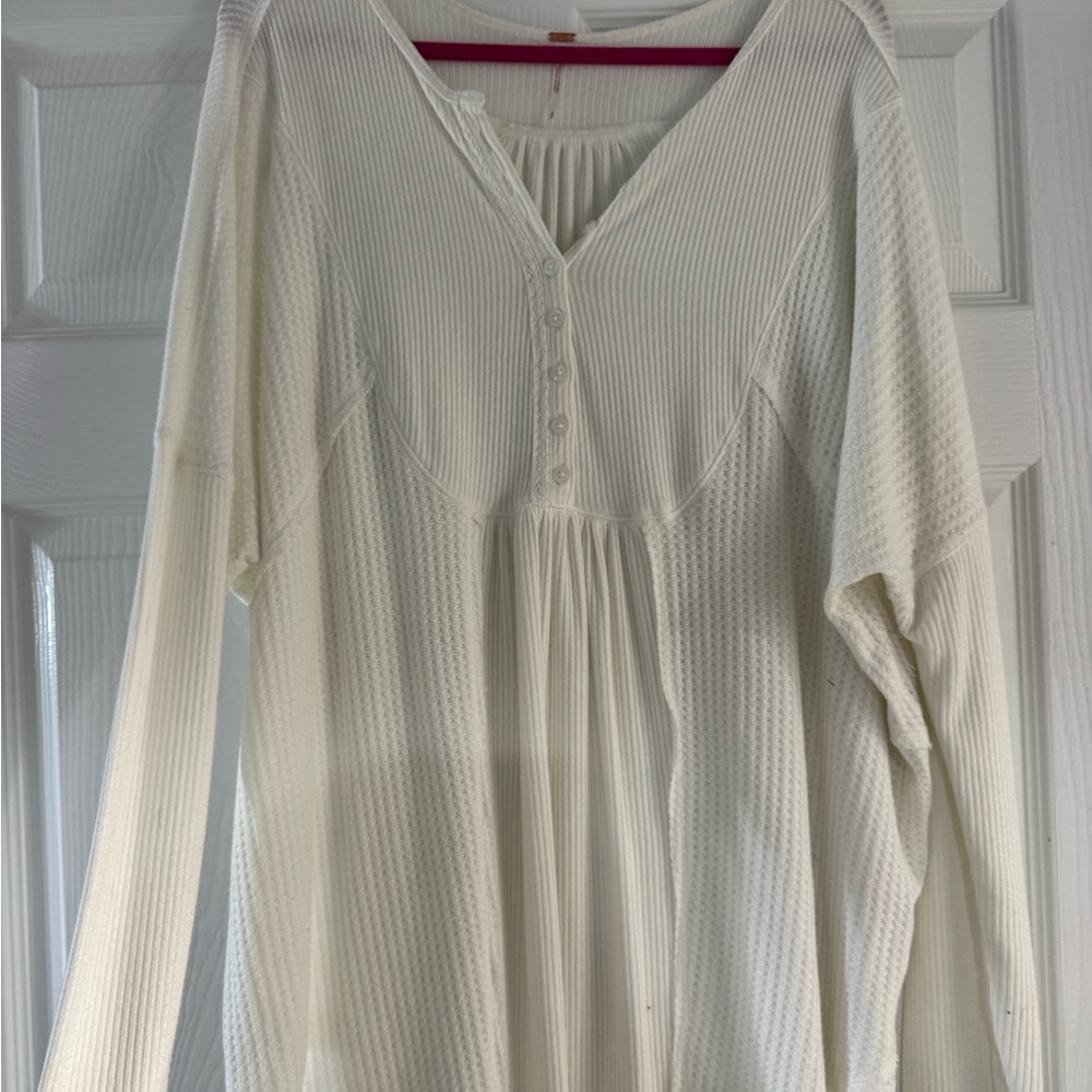 Free People Ivory Ribbed Button-Front Peasant Top